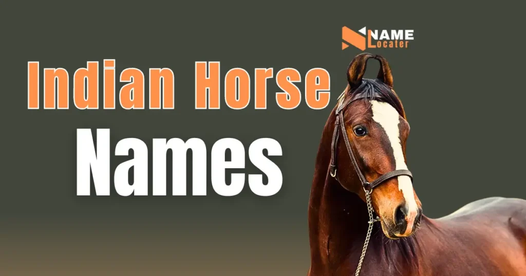 A brown horse with a white blaze on its face, wearing a bridle, set against a dark background with the text 'Indian Horse Names' in bold orange and white letters.