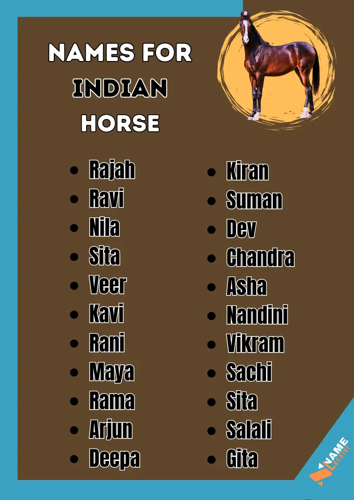 A brown horse with a white blaze on its face, wearing a bridle, set against a dark background with the text 'Indian Horse Names' in bold orange and white letters.