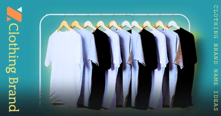 A clothing rack filled with neatly hanging T-shirts in shades of white, grey, and black with 'Clothing Brand Name Ideas' text displayed vertically along the side.