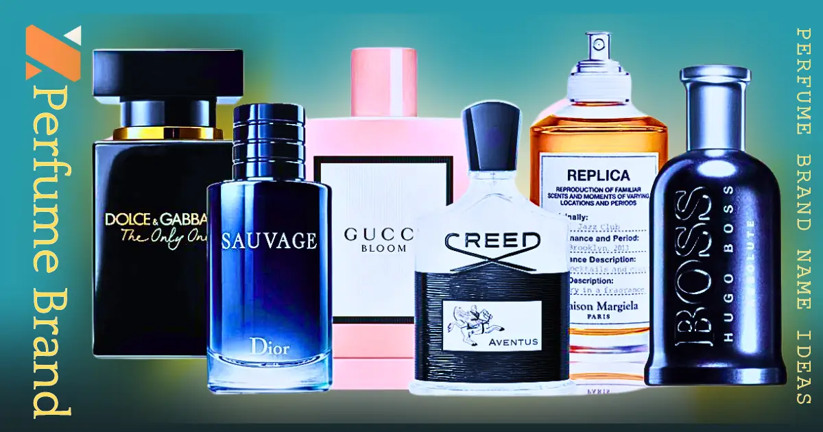 A sleek, modern image featuring a collection of luxury perfume bottles from brands like Dior, Gucci, and Creed, with a teal background. The text on the right reads "Perfume Brand Name Ideas," aligning with the theme of luxury fragrance branding.