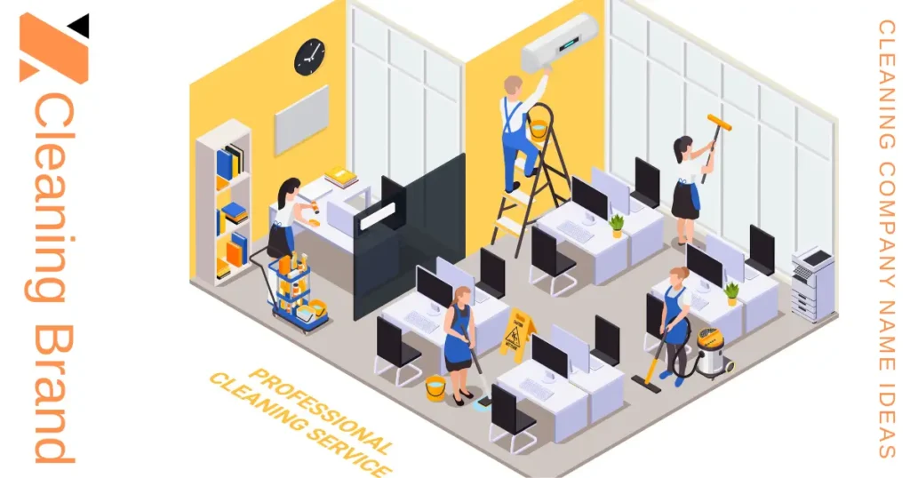 Illustration of a professional office cleaning service, showcasing workers cleaning an office space with desks and computers. One worker is mopping the floor, another is cleaning the windows, while a third is vacuuming the floor. Another worker on a ladder is cleaning an air conditioning unit, and one person is organizing shelves. The image highlights the efficiency of a cleaning company in a modern office environment.