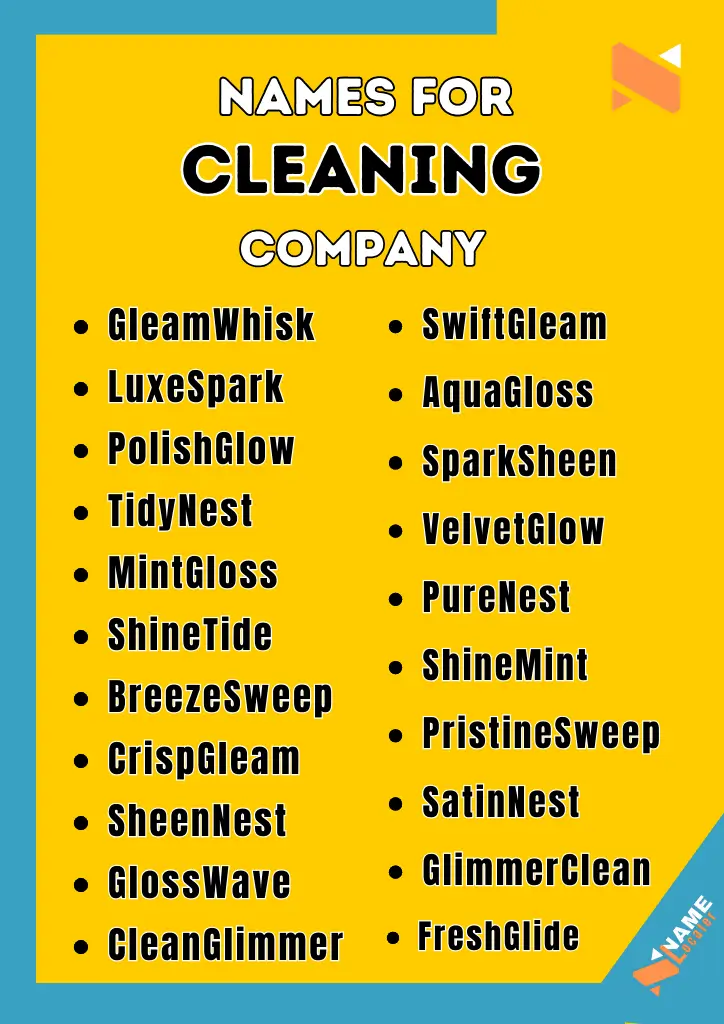 A colorful infographic with a list of creative cleaning company name ideas. Names include "GleamWhisk," "LuxeSpark," "PolishGlow," and "SwiftGleam." The background features a bright yellow design with bold, easy-to-read black font.